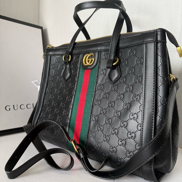 Gucci Handbags - Gucci Black Embossed Shoulder Bag with Red and Green Accent